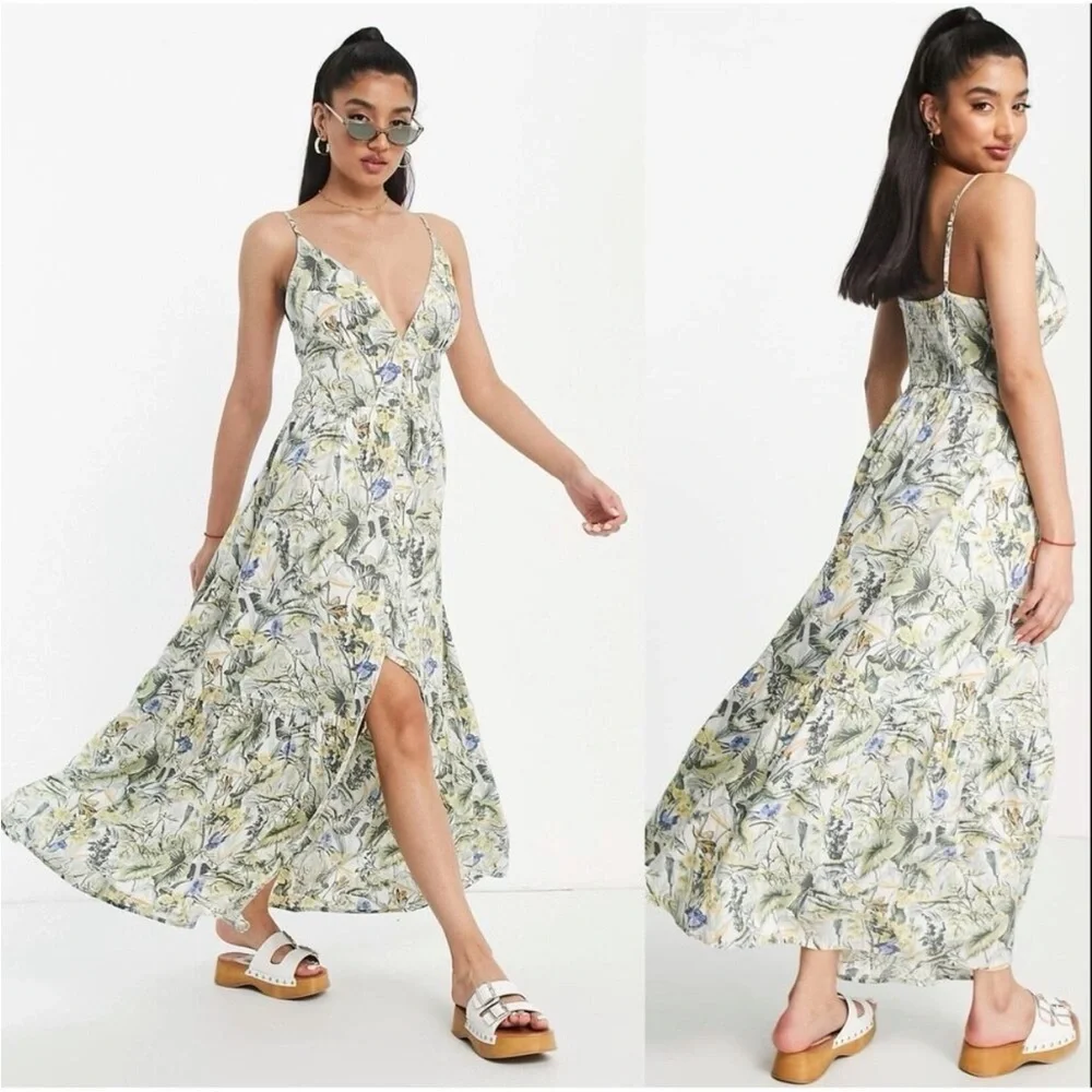 Abercrombie & Fitch plunge maxi Linen Blend dress in tropical print Large
